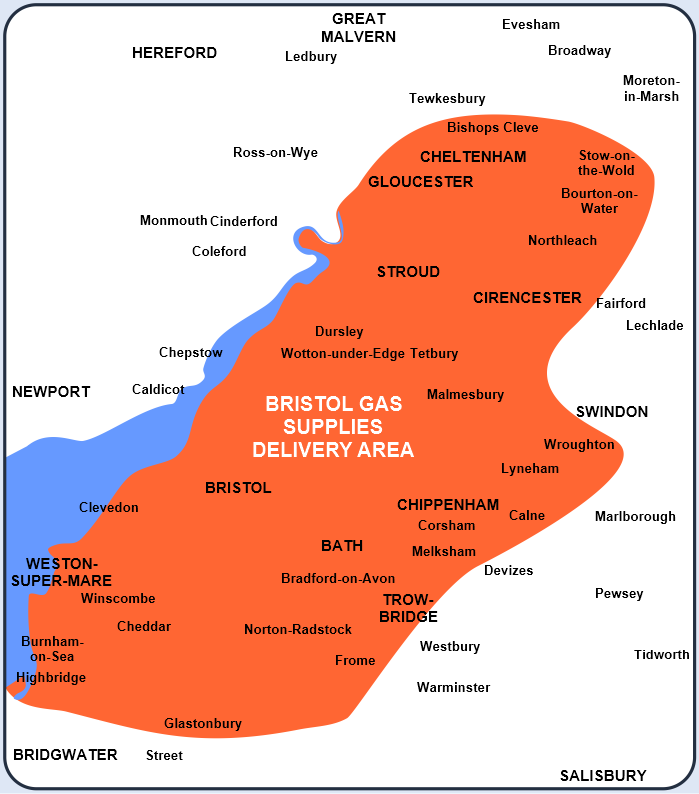 Map of Bristol Gas Supplies Delivery Area in the South West of England